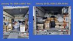 Two side-by-side photos of moving trucks loaded with boxes and bags.